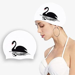 YTSWIM Swim Cap for Women Swimming Long Hair, Waterproof Silicone Bathing Cap to Keep Hair Dry, Black Swan Cartoon Printed Pool Cap Fit for Shoulder-Length Long-hair