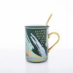 GIBOX Printed Coffee Mug with Lid, Green | Ceramic Mug with Lid and Spoon for Tea, Coffee, Milk, & Beverage Lover, 400ml | Stylish Mugs with Stirrer and Handle