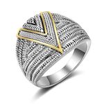 Mytys Silver 2 Tone Wide Statement Rings Vintage Cable Wire Crossover Chunky Band Rings for Women Men (2 tone V, 8)