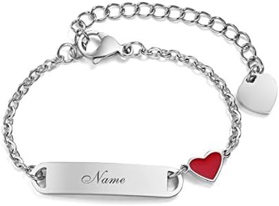 Vnox Bracciale Bambini Incisione Ragazza Braccialetti Personalizzati Figlia con Ciondolo Cuore Regali di Battesimo 12cm Argento