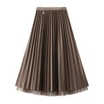 Jemsia Women's Reversible Tulle Skirt Midi A-line Elastic High Waisted Elegant Pleated Skirt with Ornament for Ladies Brown