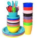 Youngever 54 pcs Plastic Kids Dinnerware Set of 9 in 9 Assorted Colors, Toddler Dining Set, Cups, Kids Plates, Kids Bowls, Flatware Set, Kids Dishes Set