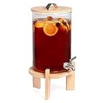 Navaris Glass Drinks Dispenser with Tap - 7 Litre Drink Jar with Spigot, Lid and Beechwood Stand for Hot or Cold Beverages, Ice Water for Parties