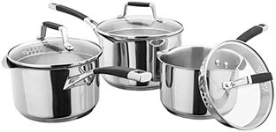 Stellar Induction S5A1D Set of 3 Stainless Steel Draining Pans 16cm, 18cm & 20cm Saucepans with Strainer Lids and Silicone Grip Handles, Oven-Safe, Induction Ready, Lifetime Guarantee