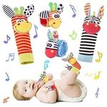 PADONISE Wrist Rattle Foot Finder Socks Set Arm Hand Bracelet Rattle Feet Leg Ankle Socks Newborn Soft Sensory Toy Baby Socks Newborn Wrist Rattles for Babies 0-6 Months Infant Baby Gift 6-12 Months