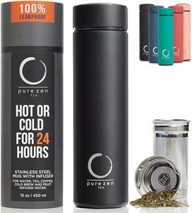 Pure Zen Tea Thermos with Infuser - Stainless Steel Insulated Tea Infuser Tumbler for Loose Leaf Tea, Iced Coffee and Fruit-Infused Water - Leakproof Tea Tumbler with Infuser - 15oz - Black