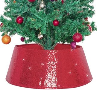PartyDelight Christmas Tree Collar Red Sequin Xmas Tree Skirt Glittering Round Ring Bottom 23 Inches Diameter for Tree Decorations