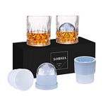 Whisky Glass, Set of 4 (2 Crystal Tumbler Glasses, 2 Large Ice Ball Moulds) in Gift Box - 300ml Whiskey Glasses for Scotch Cocktail Rum Cognac Vodka Liqueurs, Unique Gifts for Men