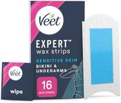 Veet Cold Wax Strips Sensitive Skin, 16 Count + 3 Wipes, Brazilian & Bikini Hair Removal, Underarm Waxing with Almond Oil, Expert Formula Men, Smooth Finish