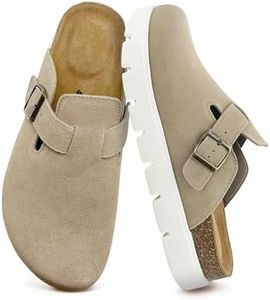 vinshoeci 100% Genuine Leather Platform Clogs for Kids Memory Foam Insole Arch Support Non-Slip Mules & Sandals for Girls & Boys Indoor Outdoor Cute Slippers Classic Adjustable Buckle Khaki 12.5