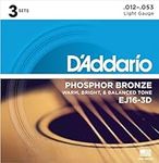 D'Addario Guitar Strings - Acoustic Guitar Strings - Phosphor Bronze - For 6 String Guitar - Warm, Bright, Balanced Tone - EJ16-3D - Light, 12-53 - 3-Pack