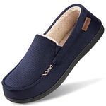 VeraCosy Men's Women's Comfy Suede Memory Foam Moccasin Slippers Warm Sherpa Lining House Shoes with Anti-Skid Rubber Sole Navy,9 UK