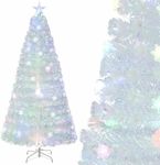 Costway 2.1M Artificial Fiber Optic Christmas Tree, White Pre-lit Xmas Tree with 270 Branch Tips, Iridescent Leaves, Top Star Light, 48 Multi-Color Snowflake Lights for Party Home