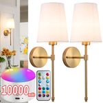 Battery Operated Wall Sconce Light with Remote Control, Dimmable Set of 2 White Fabric Shade, Indoor Wireless Lamp For Bedroom Living Room, Bulb Included (