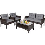 COSTWAY 4-Piece Garden Rattan Furniture Set, Patio Conversation Set with Cushioned Loveseat, Chairs and Tempered Glass Table, All-Weather Outdoor Wicker Sectional Sofa Set for Yard Lawn (Grey)