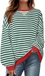 ZESICA Womens Casual Striped Pullover Tops Long Sleeve Shirts Crewneck Oversized Sweatshirts 2024 Fall Clothes,Green,Medium