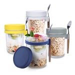 Oursouion 4 Pack Overnight Oats jars with Lids and Spoons, Reusable Glass Overnight Oats Container with Measurement Marks, Breakfast Pots,Oatmeal Container for Milk, Cereal, Fruit.