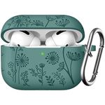 Easuny Flower Engraved Case Compatible with AirPods Pro 2 Case Cover 2022, Soft Silicone Case for Apple AirPods Pro 2nd/1st Generation, Shockproof Case with Carabiner [Front LED Visible], Pinegreen