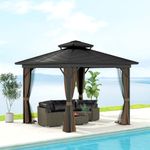 Outsunny 10' x 10' Hardtop Gazebo, Aluminum Frame Garden Sun Shelter with Double Tier Metal Roof, Mosquito Netting, Curtains, and Hanging Hook, Dark Brown