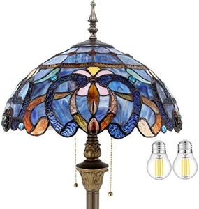 WERFACTORY Tiffany Floor Lamp Blue Purple Cloudy Stained Glass Standing Reading Light 16X16X64 Inches Antique Pole Corner Lamp Decor Bedroom Living Room Home Office S558 Series