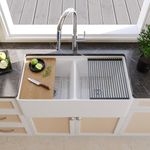 DeerValley 33" x 20" Workstation Farmhouse Sink, Fireclay 50/50 Double Bowl Workstation Sink, White Double Apron Front Sink with Grid, Sink Strainer & Workstation Accessories DV-1K0068