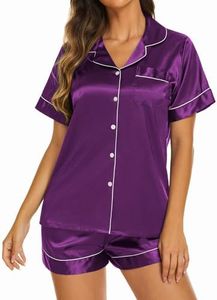 Ekouaer Silk Pajamas Womens Short Sleeve Sleepwear Soft Satin Button Down Loungewear 2 Piece Pjs Shorts Set Purple