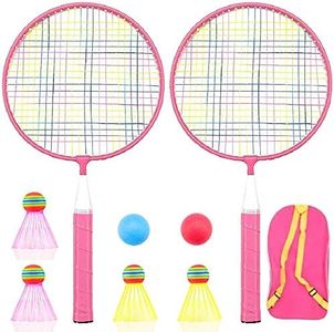 Badminton Racket for Children 1 Pair, Nylon Alloy Durable Badminton Racquet Set for Kids Indoor/Outdoor Sport Game（Including 4 Badminton and 2 Table Tennis） (Pink)