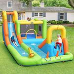 HONEY JOY 8 in 1 Inflatable Water Slide, Water Park w/Double Slides, Basketball Hoop, Water Gun, Ring Toss Game, Climbing Wall, Wet Dry Inflatable Jumping Castle for Outdoor (without Blower)