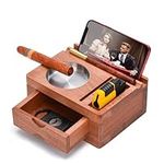 Cigar Ashtray, Square Wooden Cigar Ashtrays with Cigar Cutter Cigar Draw Lighter Slots,Accessories Drawer, Phone Tablet Holder, Cigar Holder, Cigar Accessories Gift for Men,Vintage Brown