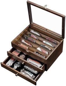 amoard Knife Display Case, Knife Collection Display Holder with Glass Lid, 3-Layer Wooden Pocket Knife Case with Drawers