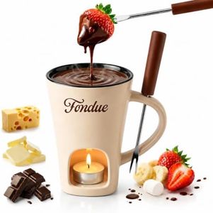 Chocolate Fondue Mug, Mini Personal Chocolate Melting Cup with Dipping Fork & Tealight Candle, Small Melting Pot for Chocolate, Cheese and Butter. Ideal Gift for Holidays & Birthdays (Beige)
