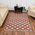 HOMA DORN Homadorn Handmade Sustainable Printed Modern Dhurrie/Rugs/Carpet Recycled Fabric for Living Room/Bedside Runner for Enhanced Decor (3 feet x 5 feet, Orange Geometric)