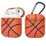 Tekcoo AirPods Case, [Front LED Visible] AirPods Accessories Cover Compatible with Apple Airpods 1 & AirPods 2 Protective PC Plastic Inner + PU Vegan Leather Pattern Skin & Keychain [Basketball]