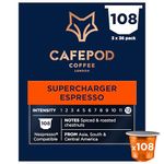 CafePod Espresso Coffee Pods - Compatible with Nespresso Coffee Machine, Intensity 12 with Rich Caramelised Chestnut Notes - Rainforest Alliance Sourced - Supercharger Espresso 108 Capsules