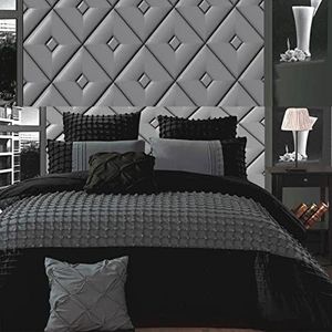 Cossette Stone Grey Quilt Cover Set, Lattice Grid Pintuck Design, 3pc Charcoal Grey Black Doona Cover Set (Queen Size)