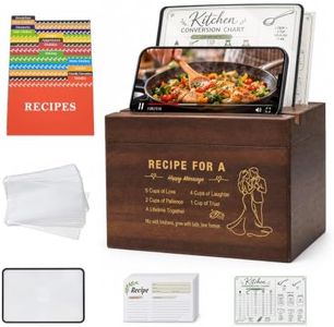 Acacia Wood Recipe Box for Couples with 100 4x6 Cards, Engraved Happy Marriage Design, Wooden Recipe Holder with Phone Stand, Wedding Bridal Shower Housewarming Gift