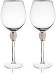 Trinkware Set of 2 Wine Glasses - Rhinestone DIAMOND Studded With Silver Rim - Long Stem, 16oz, 10-inches Tall – Elegant Glassware And Stemware