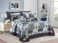 Householdfurnishing 3 Piece Printed Patchwork Bedspread Quilted Bed Throw Comforter with Pillow Shams (Check Denim Grey, King)