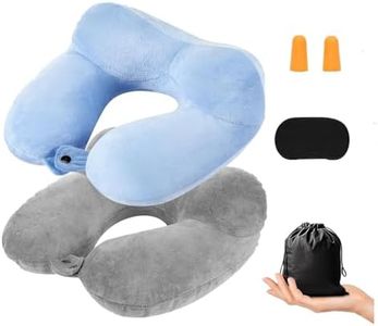 2 Pack Inflatable Travel Pillow for Airplanes Inflatable Neck Flight Pillows with Compact Bag and Blindfold for Traveling, Airplane, Train, Car, Office(Light Gray and Sky Blue)