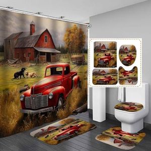 SKAILIÉ 4PCS Rustic Farmhouse Shower Curtain Set, Antique Red Truck Car Vintage Farm Pickup Truck Tractor Dog Autumn Fall Barn Cabin Lodge Country Bathroom Decor, Non-Slip Bath Mat Toilet Rug