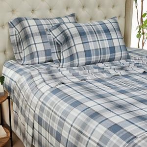 Southshore Fine Living, Inc. 300 Thread Count Cotton Sheet Set, Deep Pocket Queen Sheets, 4-Piece Set with Queen Fitted Sheet, Oversize Flat Sheet and 2 Pillow Cases, Highland Blue Checkered Sheets