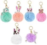 AUEAR, 6 Pack Cute Animal Pom Pom Keychain Unicorn Rabbit Fox Keychains Ball Faux Fur Fluffy Key Ring for Women Girls Bag Purse Accessories