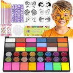 Flasoo Face Painting Kit with Stencils, 42 Colors Non Toxic Face Paint with 16 Face Paint Crayons, 6 Reusable Face Painting Stencils, 40 Sticky Stencils for Party and Halloween
