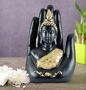 Tied Ribbons Palm Buddha Statue | Black and Golden | 6.9 X 3.5 inch | Decorative Buddha Sculpture Idol for Home, Living Room, Table Decoration, Garden Outdoor