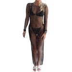 Chloefairy Women's Pearl Cover Up Dress Rhinestone Sheer Mesh Long Maxi Dress Summer Beach Bathing Suit Swimsuit Coverups, Black-long Sleeve, Large