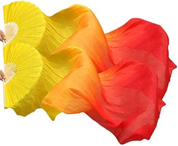 KIKIGOAL 1 Pair(Left+Right) Women Real Silk Belly Dance Fan Veil, Length 180cm Width 90cm, Gradual Yellow