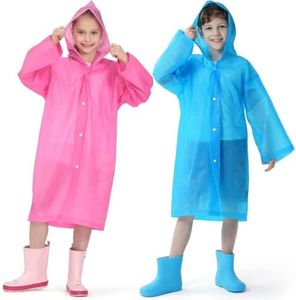 Opret 2 Pack Raincoats for Kids, Reusable Rain Ponchos with Hood and Sleeves Children Waterproof Rain Coats for Boys and Girls, Blue and Pink