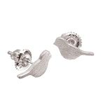 925 Sterling Silver White Gold Plated Little Birds Earrings Studs, Screw Backs