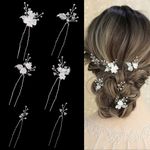 Handmade Pearl Bridal Wedding Hair Pins, 6Pcs White Flower Silver Leaf Pearls Clips Headpiece Accessories Jewelry for Bridesmaids Party Piece Women and Girls Blossoms Silver