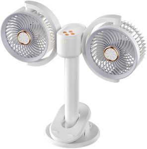 Dual Head Clip on Fan Height Adjustable, Small Powerful Desk Fan USB Quiet, 4 Speed Rechargeable Mini Table Fan w/h Timing and Light, 720° Rotate Personal Cooling Fan for Home Office Stroller Camping